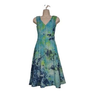 French Connection Women's Dress #714AW Midi Daisy Lace V-Neck Size 4 Blue+Green